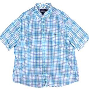 Vineyard Vines Tucker Shirt Mens XXL Blue Green Plaid 100% Linen Short Sleeve